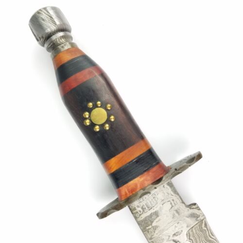 Heritage Forge Damascus Steel Bowie Knife Brown Wood Handle with Leather Sheath