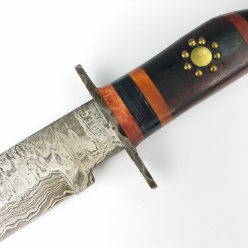 Heritage Forge Damascus Steel Bowie Knife Brown Wood Handle with Leather Sheath
