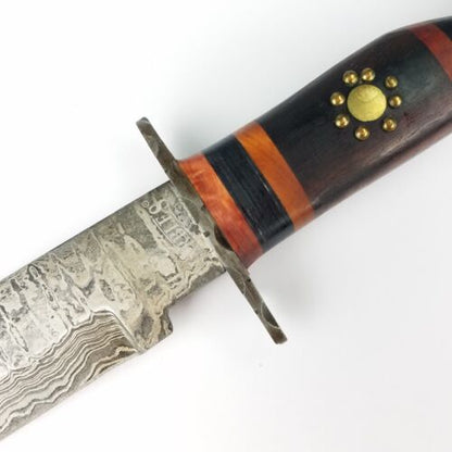 Heritage Forge Damascus Steel Bowie Knife Brown Wood Handle with Leather Sheath