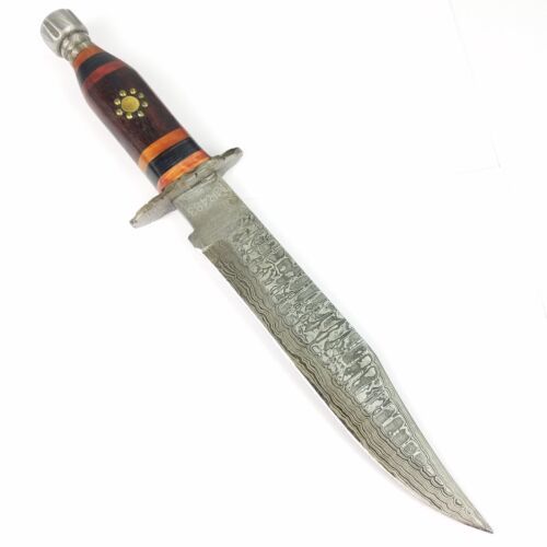 Heritage Forge Damascus Steel Bowie Knife Brown Wood Handle with Leather Sheath