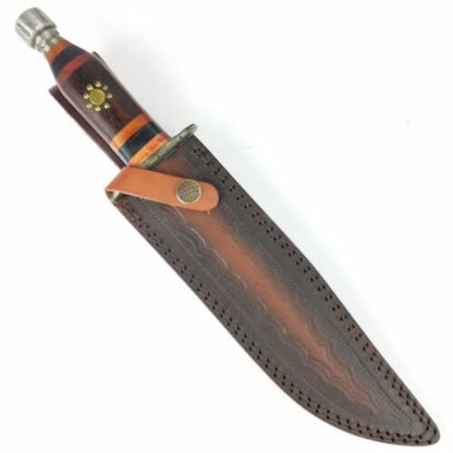 Heritage Forge Damascus Steel Bowie Knife Brown Wood Handle with Leather Sheath