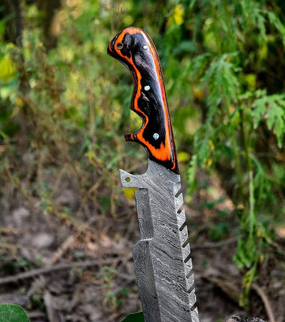 Custom Handmade Damascus Steel Tracker Knife – 12" Fire Storm Pattern Blade with Leather Sheath