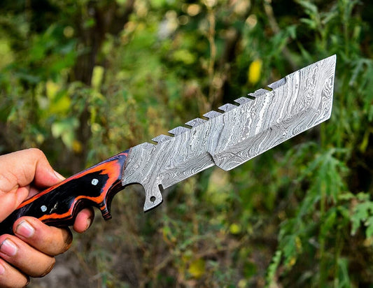 Custom Handmade Damascus Steel Tracker Knife – 12" Fire Storm Pattern Blade with Leather Sheath