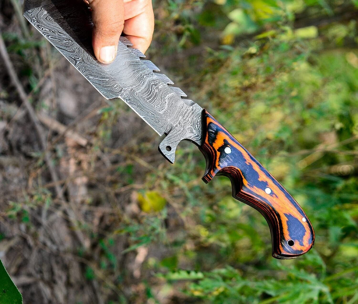 Custom Handmade Damascus Steel Tracker Knife – 12" Fire Storm Pattern Blade with Leather Sheath