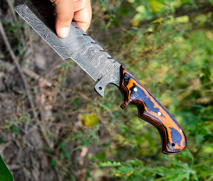 Custom Handmade Damascus Steel Tracker Knife – 12" Fire Storm Pattern Blade with Leather Sheath