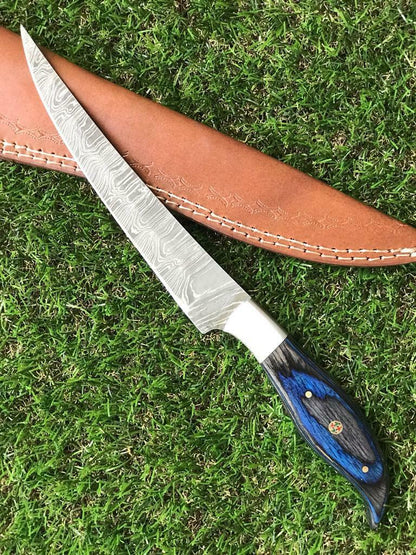 13" CUSTOM HANDMADE TWIST DAMASCUS STEEL FILLET KNIFE Damascus Fillet Knife W/Sheath
