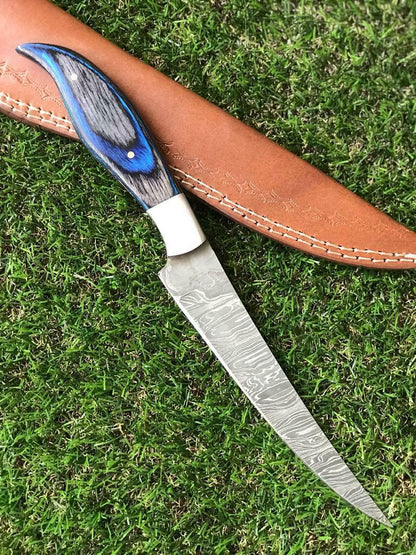 13" CUSTOM HANDMADE TWIST DAMASCUS STEEL FILLET KNIFE Damascus Fillet Knife W/Sheath