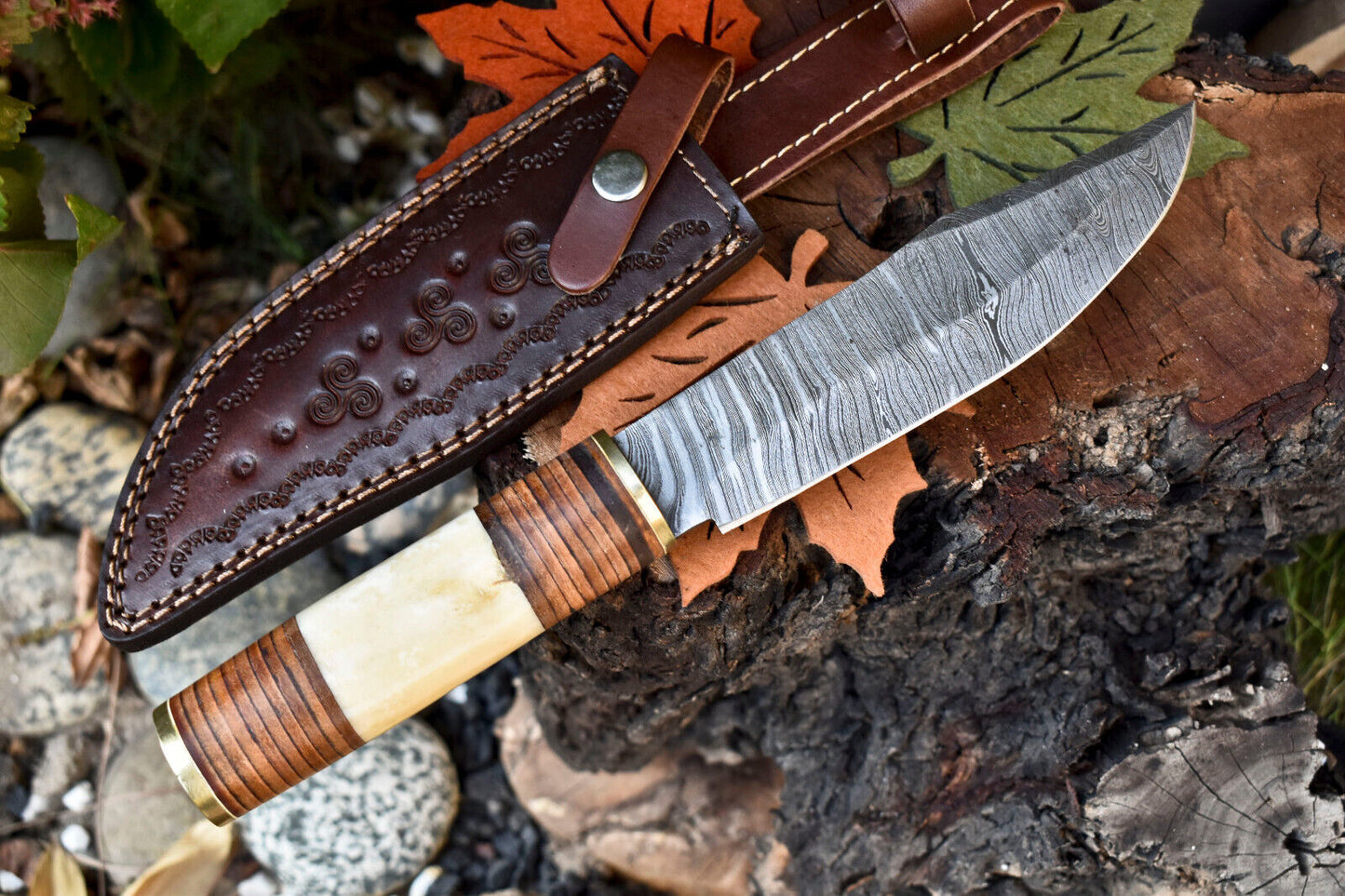 12 Inch Custom Damascus Steel Bowie Knife with Camel Bone Handle and Leather Sheath