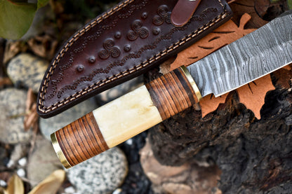 12 Inch Custom Damascus Steel Bowie Knife with Camel Bone Handle and Leather Sheath