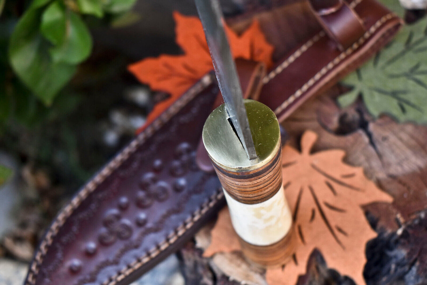 12 Inch Custom Damascus Steel Bowie Knife with Camel Bone Handle and Leather Sheath