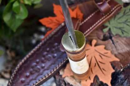 12 Inch Custom Damascus Steel Bowie Knife with Camel Bone Handle and Leather Sheath