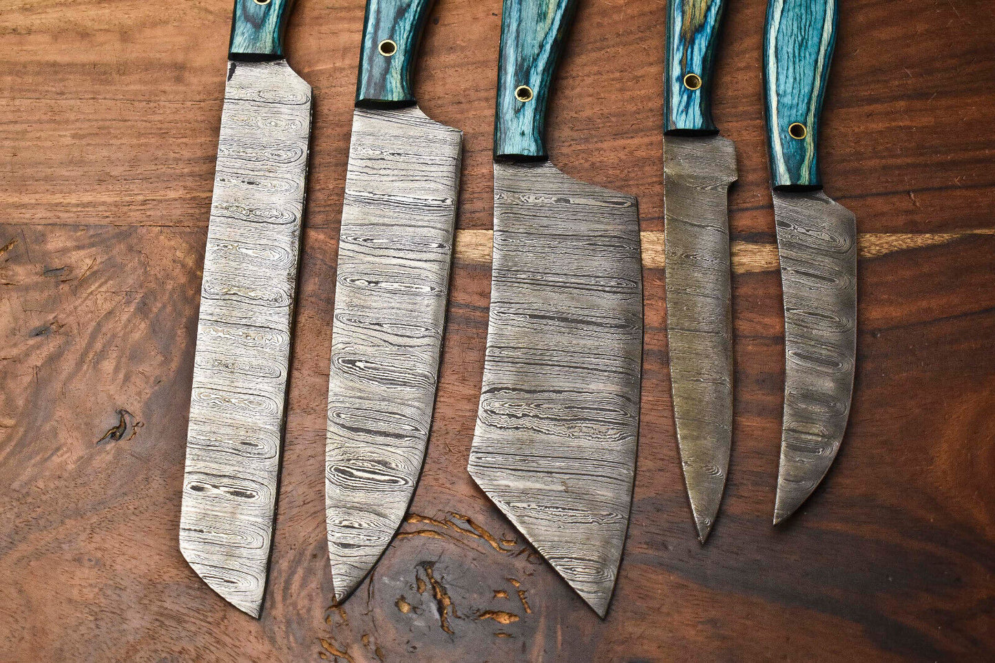 Set of 5 Handmade Damascus Steel Full Tang Chef Knives – Custom Forged Kitchen Cutlery