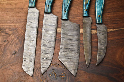Set of 5 Handmade Damascus Steel Full Tang Chef Knives – Custom Forged Kitchen Cutlery