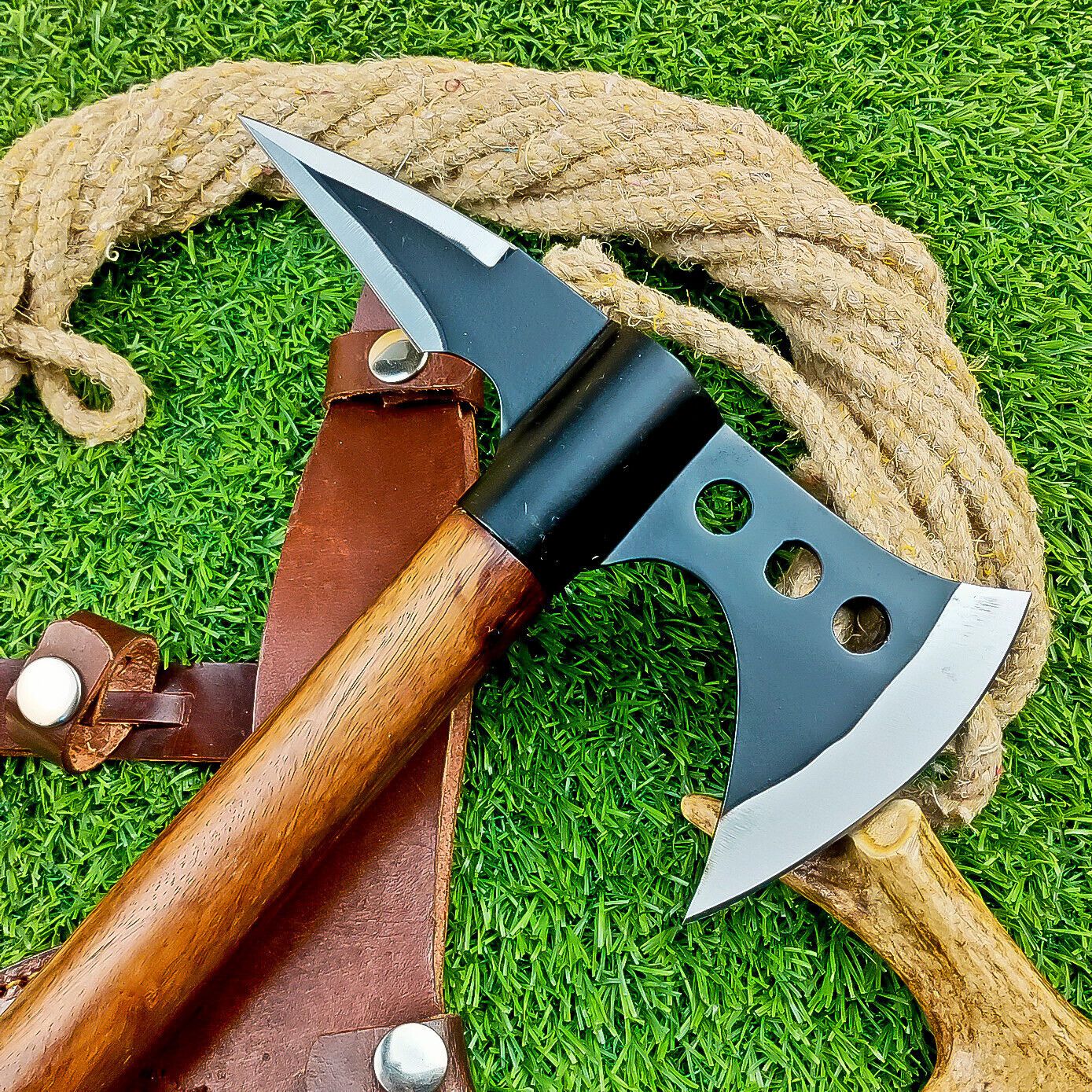 Custom Hand Forged Carbon Steel Viking Valhalla Double Head Tactical Axe with Leather Sheath
