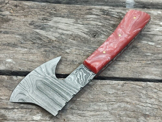 Custom Handmade Damascus Steel Mini Axe Skinner Knife – 7.7 Inch Resin Handle Damascus Axe with Sheath