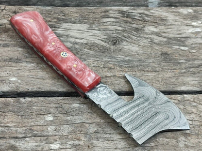 Custom Handmade Damascus Steel Mini Axe Skinner Knife – 7.7 Inch Resin Handle Damascus Axe with Sheath