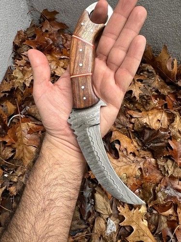 Custom Damascus Karambit Knife 11" Damascus Steel Knife with Wood Handle and Sheath
