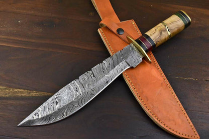 Handmade Damascus Bowie Knife | 13.5" Hunting Blade with Olive Wood Handle