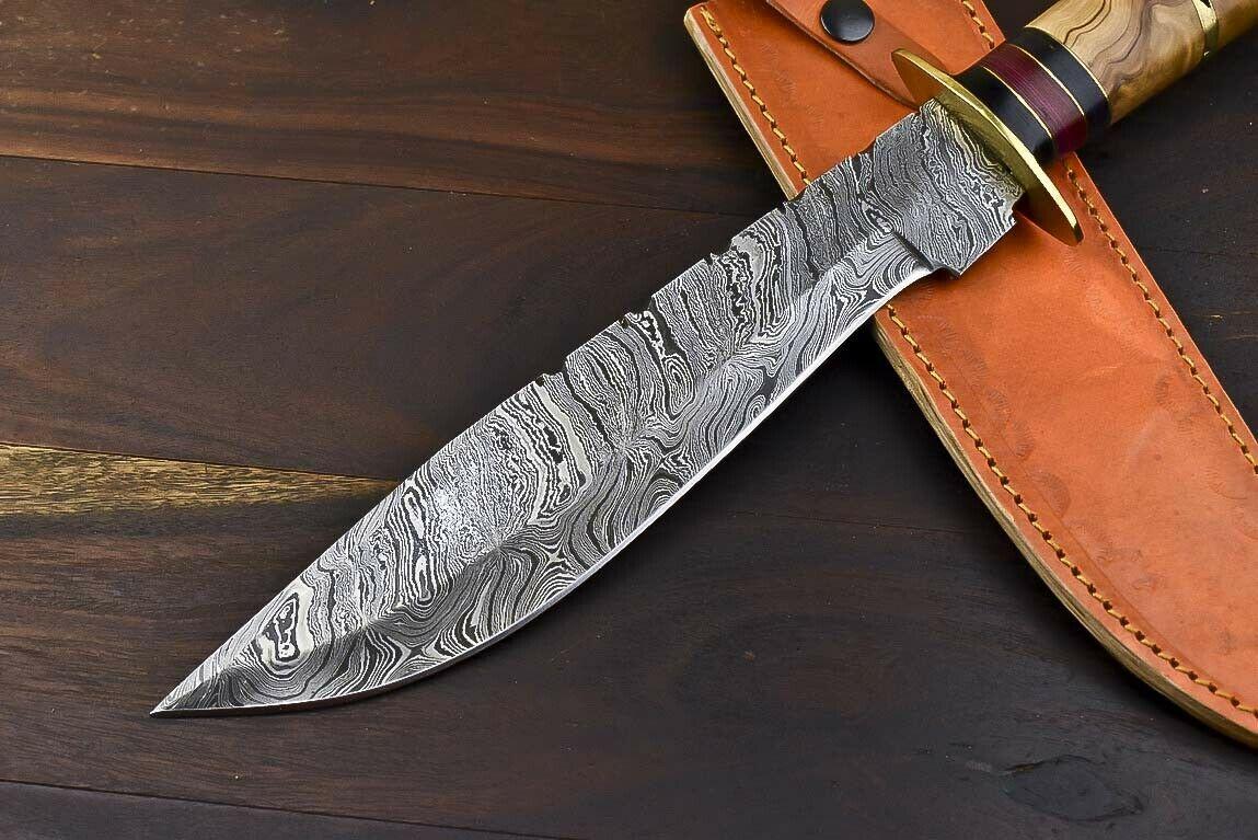 Handmade Damascus Bowie Knife | 13.5" Hunting Blade with Olive Wood Handle