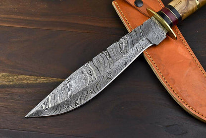 Handmade Damascus Bowie Knife | 13.5" Hunting Blade with Olive Wood Handle