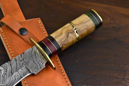 Handmade Damascus Bowie Knife | 13.5" Hunting Blade with Olive Wood Handle