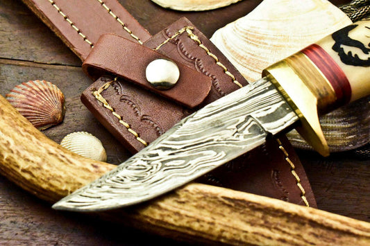 8.25" Handmade Damascus Bowie Knife with Damascus Steel Blade & Camel Bone Handle