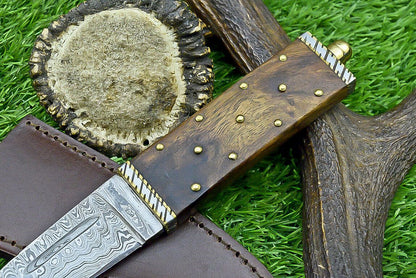 Heritage Forge 9 Inch Custom Damascus Steel Bowie Knife with Wood Handle for Hunting and Camping