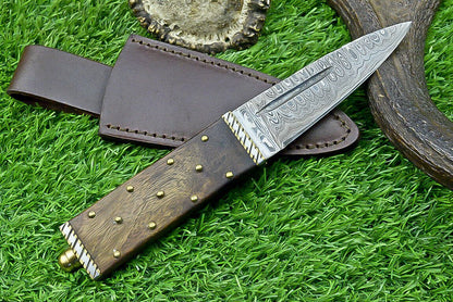 Heritage Forge 9 Inch Custom Damascus Steel Bowie Knife with Wood Handle for Hunting and Camping