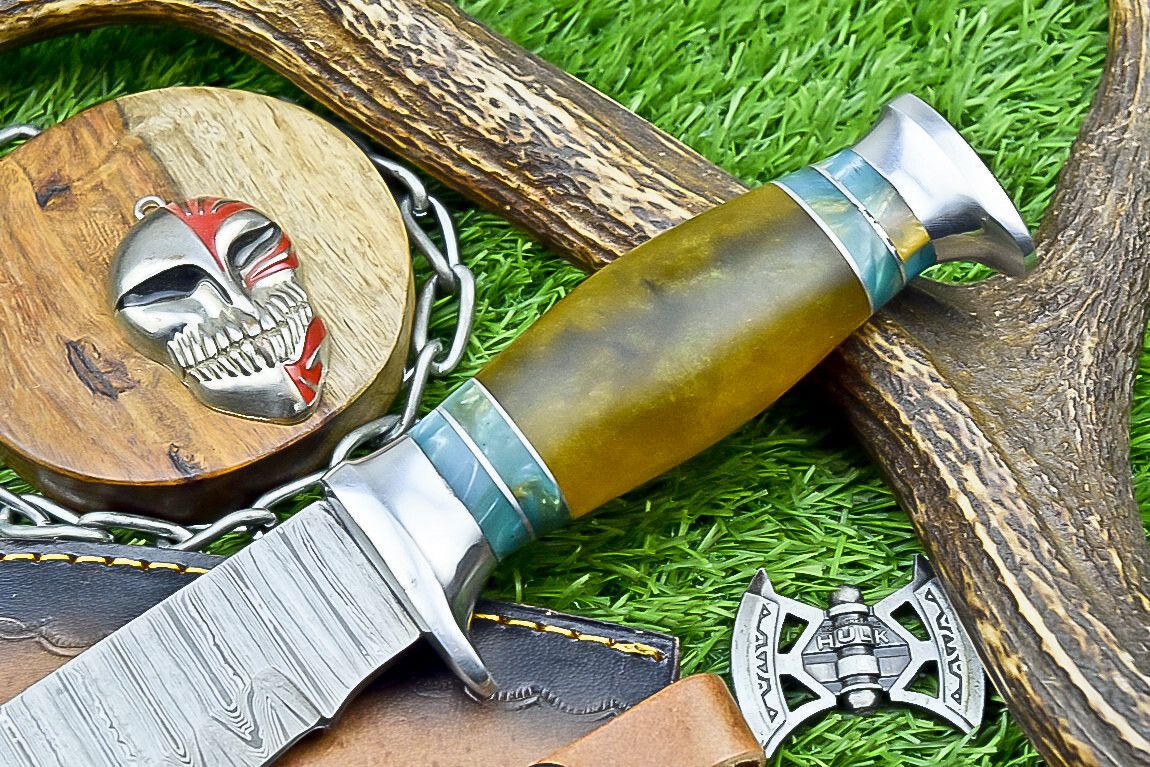 Damascus Steel Bowie Knife –Resin Handle & Leather Sheath