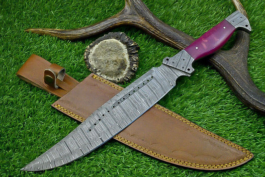 16 Inch Forged Damascus Bowie Knife with Resin Handle and Damascus Bolster