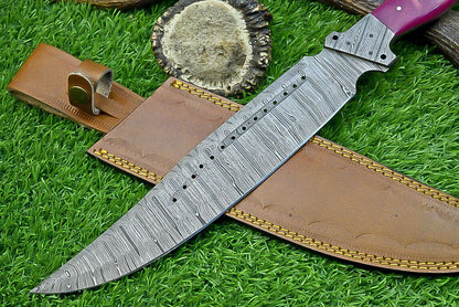 16 Inch Forged Damascus Bowie Knife with Resin Handle and Damascus Bolster