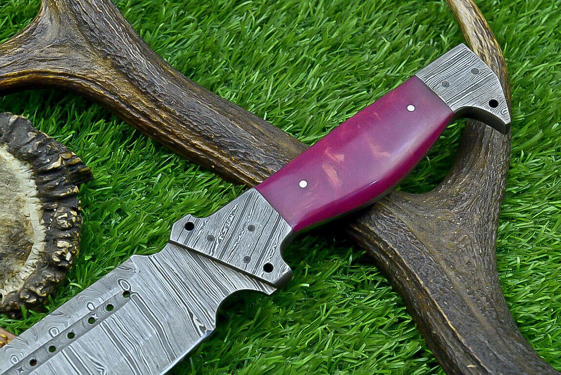 16 Inch Forged Damascus Bowie Knife with Resin Handle and Damascus Bolster
