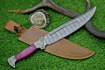 16 Inch Forged Damascus Bowie Knife with Resin Handle and Damascus Bolster