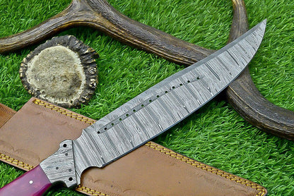 16 Inch Forged Damascus Bowie Knife with Resin Handle and Damascus Bolster