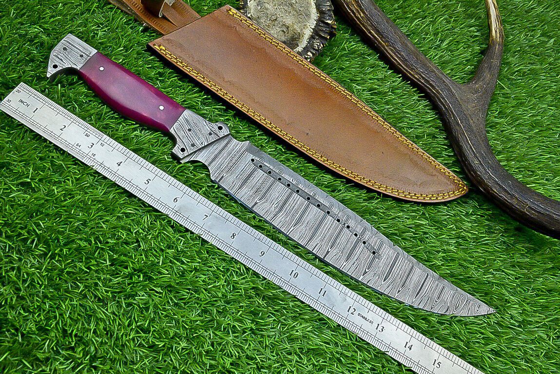 16 Inch Forged Damascus Bowie Knife with Resin Handle and Damascus Bolster