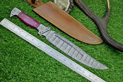 16 Inch Forged Damascus Bowie Knife with Resin Handle and Damascus Bolster