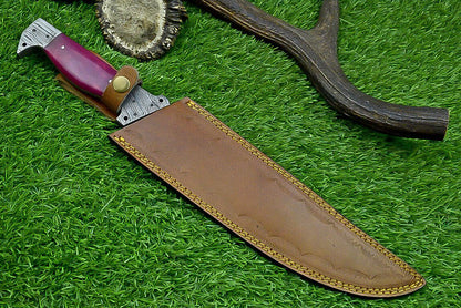 16 Inch Forged Damascus Bowie Knife with Resin Handle and Damascus Bolster