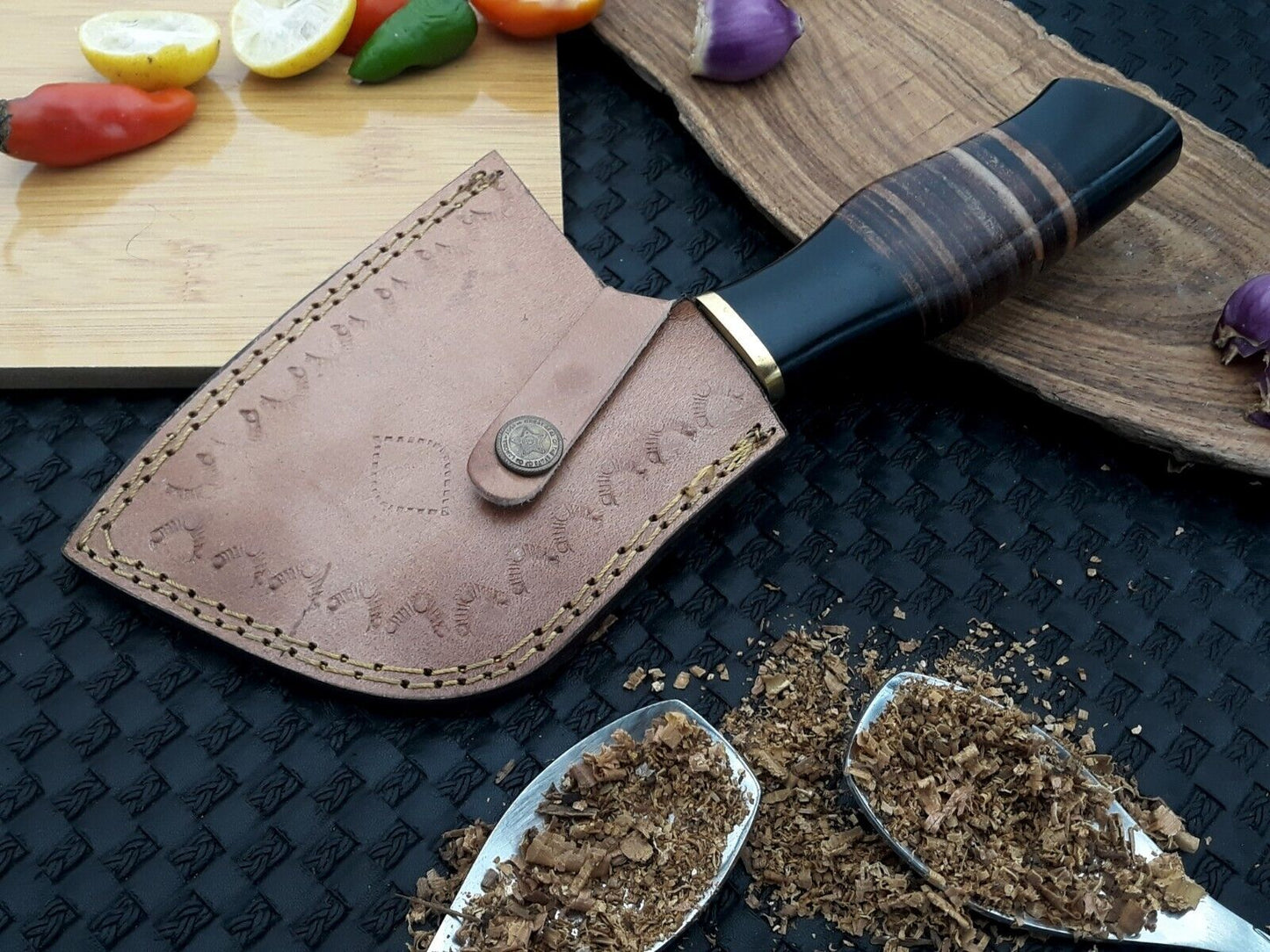 9" Handmade Damascus Cleaver Knife | Serbian Chef Knife | Hand Forged Butcher Knife with Walnut Handle & Leather Sheath