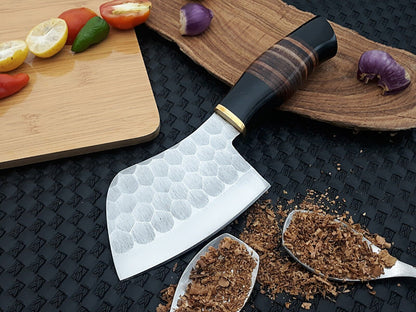 9" Handmade Damascus Cleaver Knife | Serbian Chef Knife | Hand Forged Butcher Knife with Walnut Handle & Leather Sheath