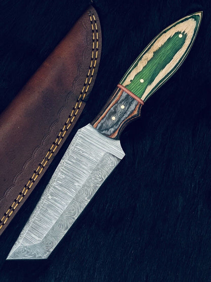 10" Camel Bone & Wood Handle Damascus Tanto Knife – Handmade Hunting Blade