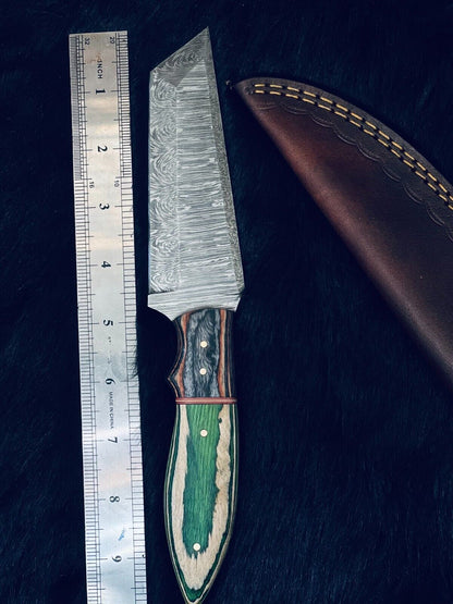 10" Camel Bone & Wood Handle Damascus Tanto Knife – Handmade Hunting Blade