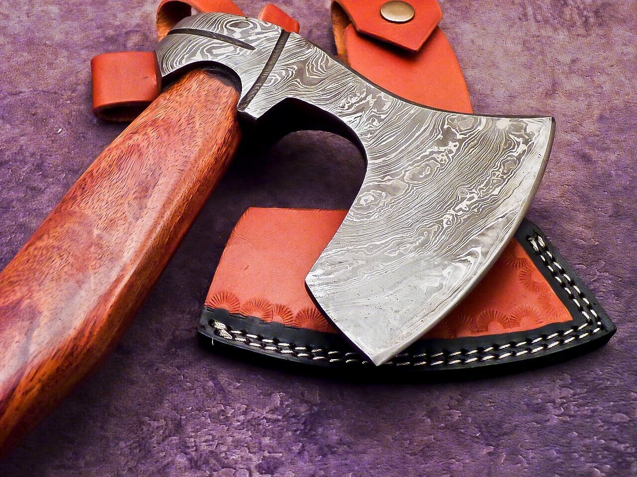 Handmade Damascus Steel Axe Unique Limited Edition with Natural Wood Handle and Leather Sheath