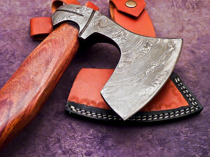 Handmade Damascus Steel Axe Unique Limited Edition with Natural Wood Handle and Leather Sheath