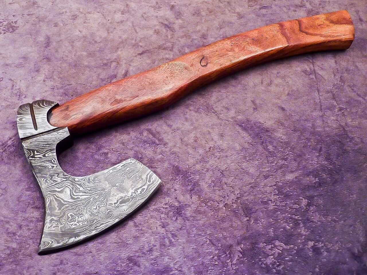 Handmade Damascus Steel Axe Unique Limited Edition with Natural Wood Handle and Leather Sheath
