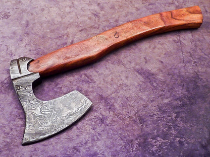 Handmade Damascus Steel Axe Unique Limited Edition with Natural Wood Handle and Leather Sheath