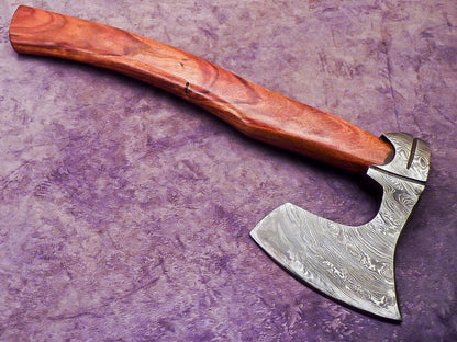 Handmade Damascus Steel Axe Unique Limited Edition with Natural Wood Handle and Leather Sheath