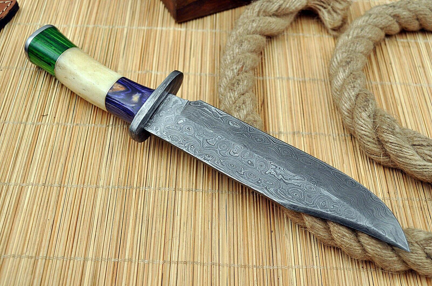 15" Custom Handmade Damascus Hunting Bowie Knife – Full Tang, Wood and  Bone Handle