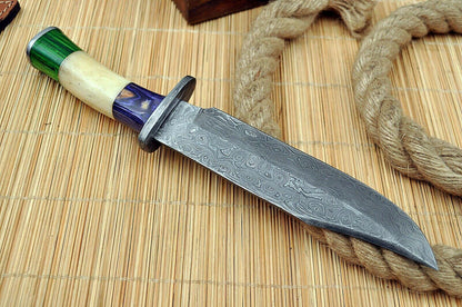 15" Custom Handmade Damascus Hunting Bowie Knife – Full Tang, Wood and  Bone Handle