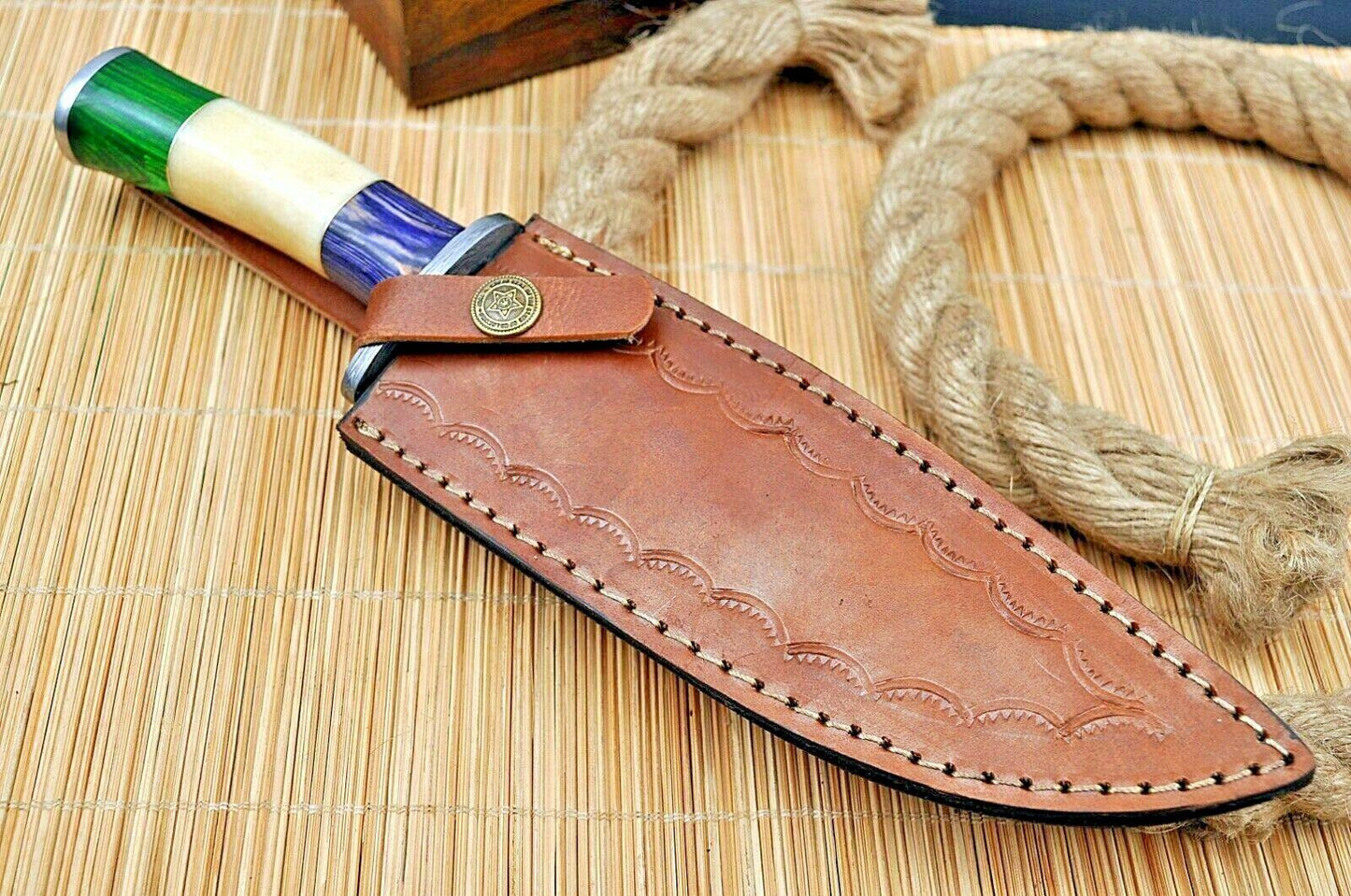 15" Custom Handmade Damascus Hunting Bowie Knife – Full Tang, Wood and  Bone Handle
