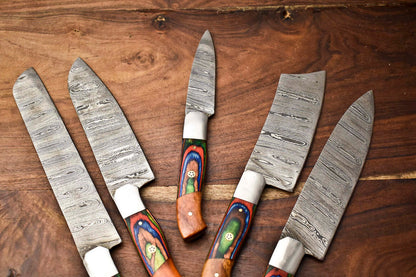 Lot of 5 Handmade Hammered Damascus Steel Chef Knives – 384 Layers, Full Tang, 58–60 HRC